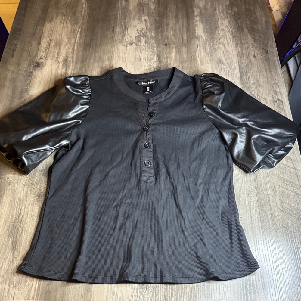 Bailey 44 Anthropology Black Ribbed Top with Faux Leather Puff Sleeves